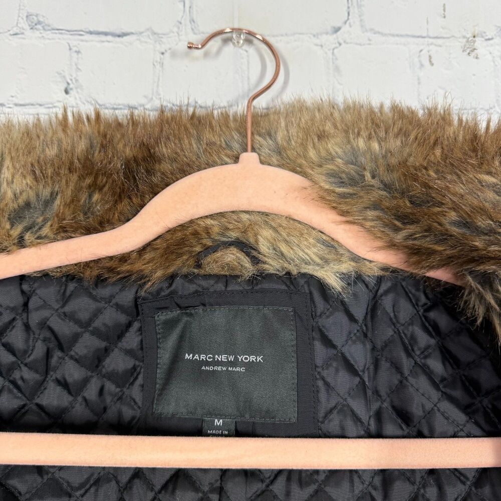 Marc New York Womens Medium Black Down Puffer Parka Coat Faux Fur Hood Long - Picture 4 of 16